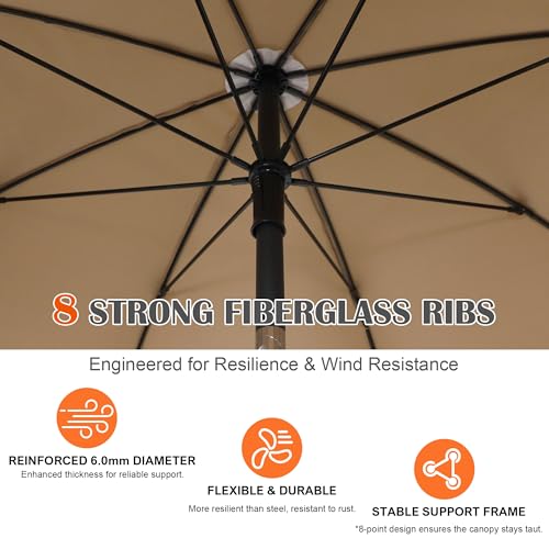 Blissun 6.5ft Patio Umbrella with Push Button Tilt & Height Adjustable, UV50+ Sun Protection with Sturdy Fiberglass Ribs & Iron Pole, Market Umbrella for Outdoor Table Garden Backyard Beach - color: Tan