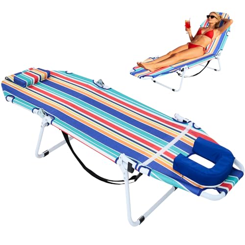 ABORON Tanning Chair with Face Hole, 2-in-1 Folding Camping Cot for Adults, 5-Position Adjustable Lounge Chair with Pillow, Heavy Duty 600D Oxford Portable Cot for Beach, Patio, Poolside - color: Classic Stripe
