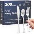 Dealusy 200 Count Heavy Duty Silver Plastic Silverware, 100 Forks, 50 Spoons, 50 Knives, BPA-Free, Heat Resistant, Disposable Plastic Utensils Set Cutlery Set, Plasticware Bulk - color: Silver