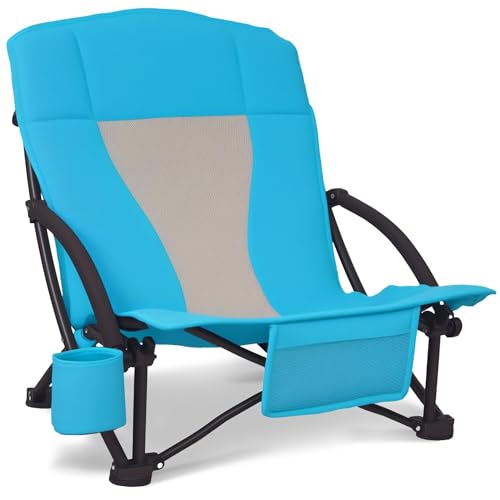 Portable Folding Beach Chair with Cooler Bag for Adults - Lightweight Low Back Sling Chair with Cup Holder & Storage Pocket (Blue w/Cooler, 1 pcs) - color: Blue W/ Cooler, size: 1 pcs