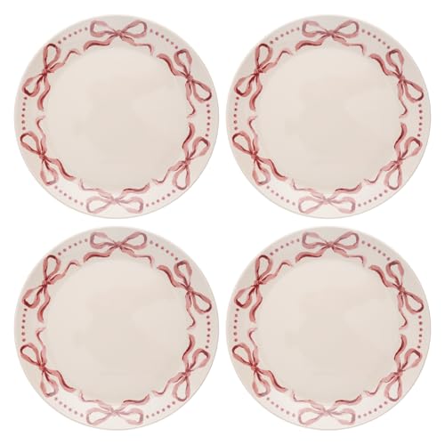 Karma, 8.75 inches Melamine Salad Plates Set of 4, Reusable Dishwasher Safe Plates for Outdoor and Indoor, Pink Bows - color: Pink Bows