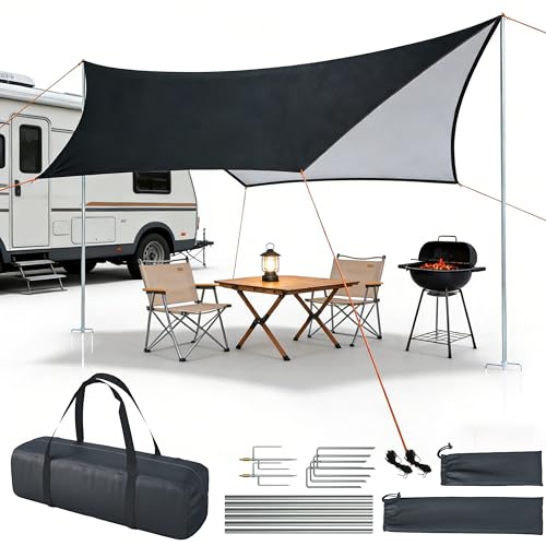 Camping Tent Tarp with Thickened Stainless Steel Bracket - PU 20000mm+ Waterproof Rain Shelter, UPF2000+ Anti-UV Camping Canopy, Portable Sun Shade for Camping, Hiking, Picnic