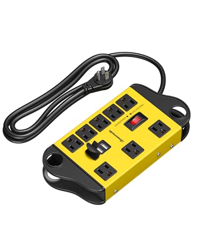 DEWENWILS Garage Power Strip Wall Mount, Wide Space 8-Outlet Industrial Power Strip with 2 USB, Metal Surge Protector 1440J, 14AWG 6FT Heavy Duty Extension Cord for Garage, Workshop, Yellow - size: 72 inches