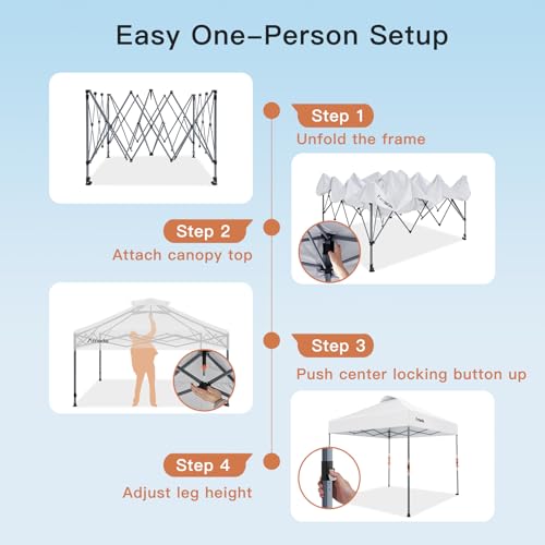 Amada 10x10 Pop Up Canopy Tent, 1-Button Push Easy-up Outdoor Canopy Beach Tent with 3-Height Adjustable Waterproof Shade Shelter, Wheeled STO-N-Go Bag 8 Stakes, 4 SandBags (10x10ft, White) - color: White, size: 10x10ft