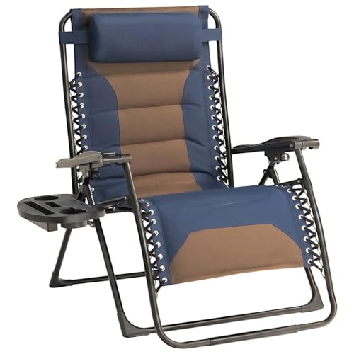 Zero Gravity Chair Oversized Padded Recliner with Adjustable Headrest & Cup Holder - 600D Oxford Folding Lounge Chair for Outdoor Camping, Patio, Poolside (Brown & Blue) - color: Brown & Blue, size: 1 Pcs