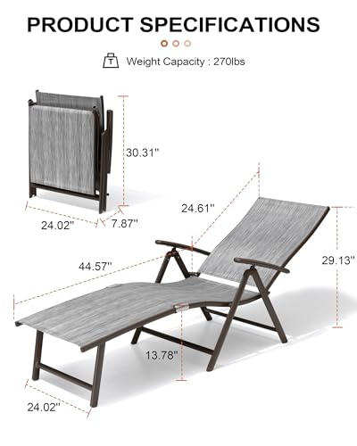 Crestlive Products Folding Patio Chaise Lounge Chair Outdoor, Aluminum Adjustable Outdoor Pool Recliner Chair, Assemble-Free, 8 Positions - color: Dark Gray, size: 3 Pcs
