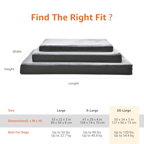 Amazon Basics Washable Dog Bed with Cooling Gel Memory Foam, Pressure-Relief Support for Dogs up to 120lbs, Non-Slip Bottom, Removable Cover, Giant Sized (50" x 34"), Grey - color: Grey, size: Giant, style: Mattress Bed