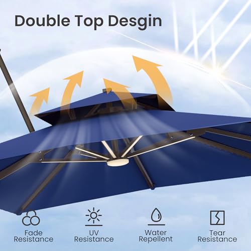 9x12 FT Cantilever Patio Umbrella with Led Lights Double Top Outdoor Rectangular Large Heavy Duty Aluminum Offset Umbrellas with 7 Level Tilt 360-degree Rotation for Pool Garden Deck, Navy - color: Navy, size: 9' X 12'-with Light