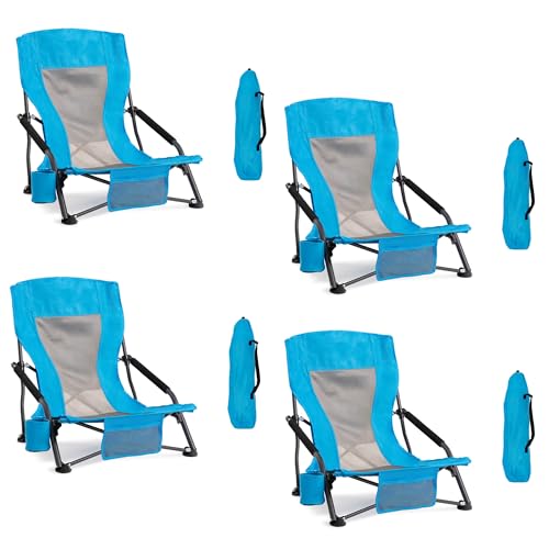 Portable Folding Beach Chair for Adults Set of 4- Lightweight Low Back Sling Chair with Cup Holder & Storage Pocket, 300lbs Capacity Camping Chair for Outdoor, Lawn, Concert, Travel (Blue) - color: Blue, size: 4 pcs