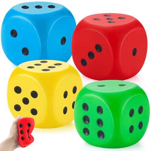 Zomiboo 4 Pcs Jumbo 4 Inch Foam Dice Set, Soft Stress Relief Toy for Kids & Adults, Colorful 6 Sided Giant Dice for Classroom Math, Family Board Games, Holiday Stocking Stuffers(Bright Colors,Dot) - color: Bright Colors, style: Dot