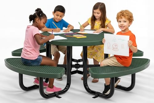 Round Metal Picnic Tables for Kids for Outdoors with Umbrella Hole, Adjustable Seats for School, Park, Playground (Green, 38 in, Kids, Expanded Steel) - color: Green, size: 38 In, Kids, Expanded Steel