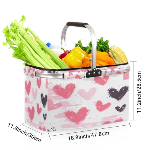 Hearts Picnic Basket Large Collapsible Market Baskets Portable Reuasble Shopping Bags with Handles for Camping Beach Travel - color: Blue