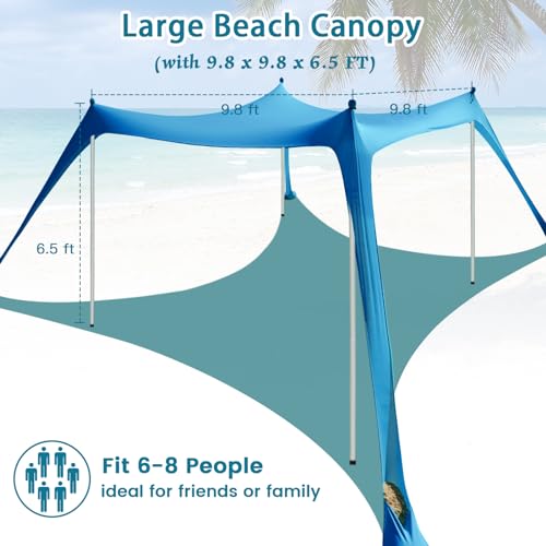 Beach Tent - 10 x 10 FT Beach Canopy, Outdoor Shade Canopy for Camping, Portable Beach Tent Sun Shelter UPF50 with 4 Stability Poles, Sandbags, Anti-Wind Ropes and Ground Pegs, Blue - style: 10*10 FT 4 Pole-Blue