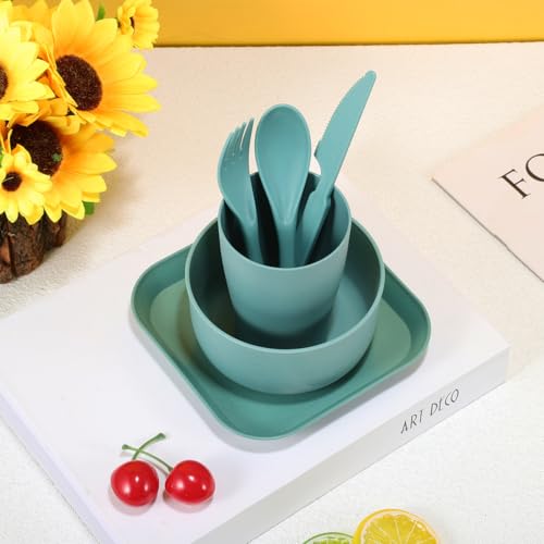 Wheat Straw Tableware Set Unbreakable Dinnerware with Reusable Utensils Lightweight Plates Bowls and Cutlery for Home Picnic Travel Dishwasher Safe