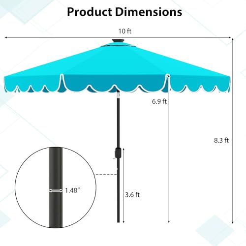 Tangkula 10FT Solar LED Patio Umbrella, 2-Tiers Scalloped Outdoor Table Market Umbrella with 24 LED Lights, Vented Top, Tilt Adjustment, Crank, 8 Ribs for Backyard Poolside Deck Beach Lawn (Turquoise) - color: Turquoise, size: 10Ft