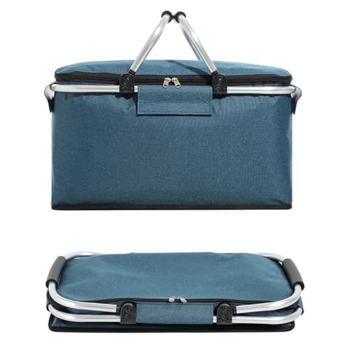 Large Picnic Basket, Insulated Beach Bag Cooler Reusable with Zippered Top & Handles Reusable Folding Grocery Basket Insulated Cooler Bag for Picnic Travel - color: Navy Blue