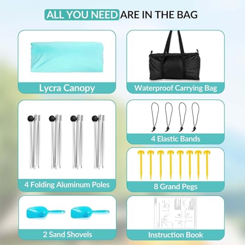 Gardentime Beach Tent Canopy with 8 Sandbags 4 Aluminum Poles, Pop Up Portable Camping Sun Shelter, Easy Set Up with 2 Sand Shovel, Ground Pegs, Carrying Bag for Outdoor Beach,Picnic, Fishing - color: Turquoise