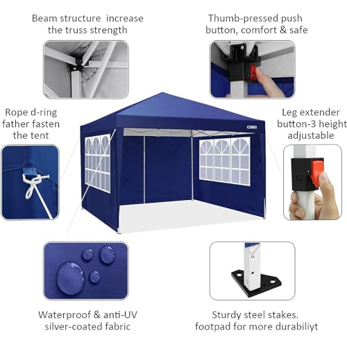 COBIZI 10x10 Pop Up Canopy Tent with 4 Removable Sidewalls, UPF 50+ Waterproof 10x10 Outdoor Portable Canopy for Commercial, Parties, Backyard, Beach with Carry Bag, Ropes, Stakes (Navy Blue, 10'x10') - color: Deep Blue, size: 10x10 FT