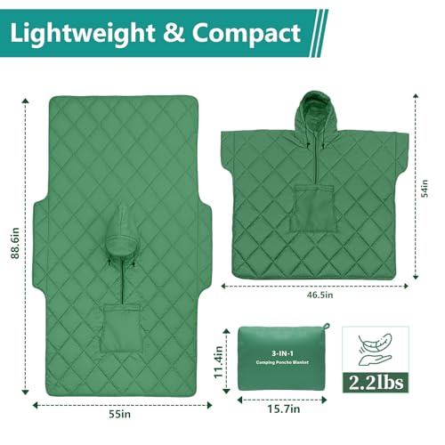 Camping Outdoor Blanket, Ultralight Down Alternative Printed Travel Camp Blankets for Sleeping Packable Waterproof Puffy Quilt for Hammock Picnic Stadium Beach Cold Weather (Green Blanket Poncho) - color: Green Blanket Poncho