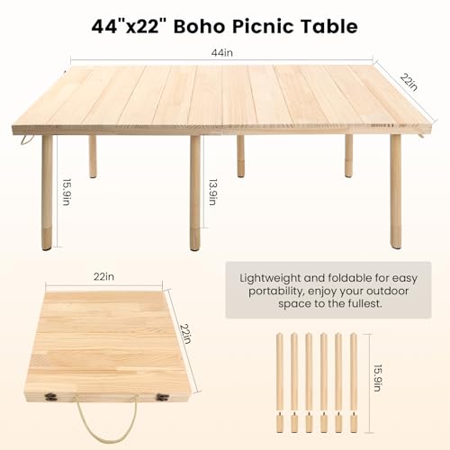 44" x 22" Boho Low Picnic Table, Portable Beach Table with Tablecloth and Adjustable Legs, Solid Wood Foldable, Indoor Outdoor for Beach Camping BBQ Wedding Party Family Gatherings