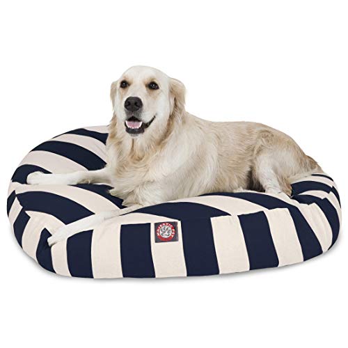 Navy Blue Vertical Stripe Large Round Indoor Outdoor Pet Dog Bed With Removable Washable Cover By Majestic Pet Products - color: Navy, size: Large