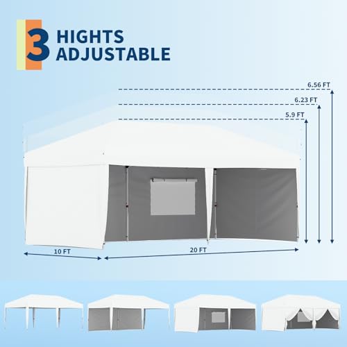 GarveeLife 10x20 Pop Up Canopy with 4 Sidewalls, Beach Ten with One Push Setup, Heavy Duty Outdoor Instant Canopy Tent with Portable Roller Bag, Silver Coated Top, 3 Adjustable Height, Sandbags,White - color: White, size: 4 Sidewalls