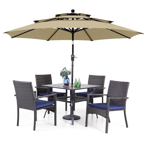 PHI VILLA 5 Piece Outdoor Dining Set with Umbrella, 37" Square Metal Dining Table & 4 Cushioned Wicker Rattan Chairs with 10ft Beige Umbrella for Patio, Deck, Yard, Porch - color: Beige, size: 5PCS 37" Steel Table
