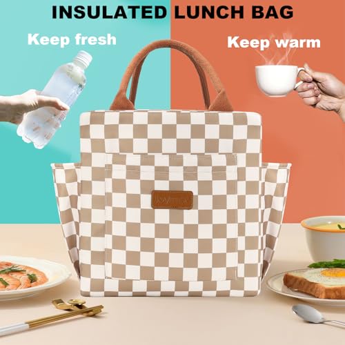 Joymee Lunch Bag Women Insulated Lunch Box Reusable Leakproof Large Spacious Cooler Tote for Women Men Adult with Bottle Holder and Side Pockets for Work Office Travel Picnic - Checker Brown - color: 04 Checker Brown