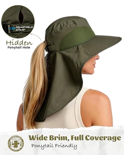 Camptrace Sun Hats for Women Men UPF 50+ UV Protection Wide Brim Hiking Fishing Hat with Neck Flap - color: Darkgreen