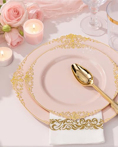 Nervure 350PCS Pink Plastic Plates - Pink Plastic Dinnerware Sets for 50 Guests - 100 Disposable Plates, 150 Gold Silverware, 50 Cups, 50 Napkins Perfect for Wedding & Party & Mothers Day - color: Pink