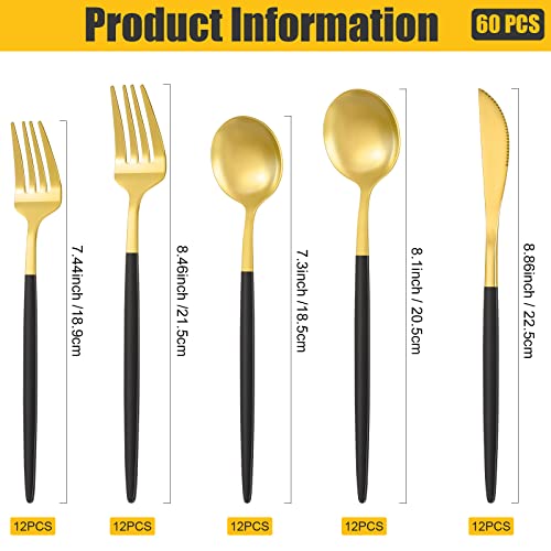 60 Pieces Stainless Steel Tableware Set Silverware Set Flatware Cutlery Utensils Spoon Fork Knives Service for 12 for Home Restaurant Apartment and Kitchens(Black Gold) - color: Black/Gold