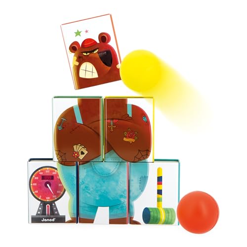 Janod - Applepop Tin Can Alley - Game of Skill - 6 Metal Tins + 2 Foam Balls - Outdoor Game - Develops Dexterity & Concentration - 3 Years +, J03359 - style: Tin Can Alley