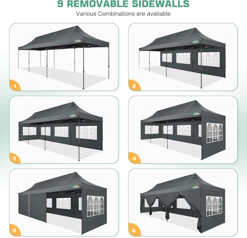COBIZI 10x30 Pop Up Canopy Tent Heavy Duty with 8 Removable Sidewalls, Commercial Portable Tents for Parties Ez Up Canopy All-Weather Windproof & Waterproof and UPF 80+ Wedding Tent - color: Gray, size: 10x30FT
