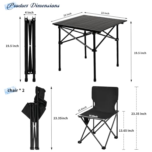 Camping Table Folding Portable Camp Table with 2 Chairs, Folding Picnic Table with Carry Bag Indoor Outdoor for Camping, Beach, Patio, RV, Backyard BBQ, Sturdy, Stable, Easy to Carry, Black - size: 22*22*19.5inch + 2 chair