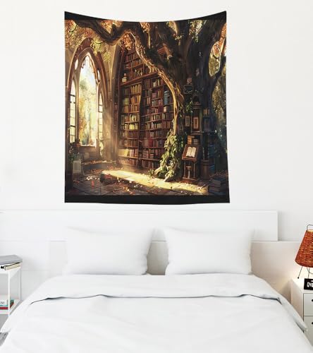 EMMTEEY Library Bookshelf Art Tapestry 50X60 Inch - Large Tree Bathroom Wall Decor Medieval Dark Academia Backdrop for Study Room Office - color: Fantasy-1, size: 50"L x 60"W