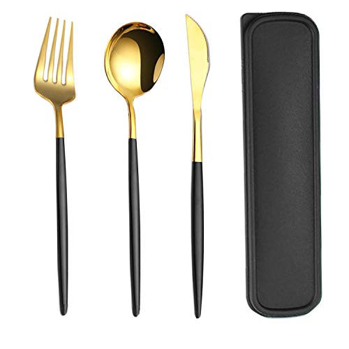 Reusable Utensils Set With Case, Reusable Travel Flatware，Travel Silverware Set With Case ，Reusable Travel Flatware For Home Office School Camping - color: Black+Gold - 3 PCs