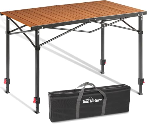 Join Nature Portable Outdoor Adjustable Height Camping Table, Large for 2-6 Person, Foldable Roll-up Aluminum Camp Table with Carry Bag for Picnic, Camp, Sturdy, Stable, Loads 220 Lbs - color: Nature