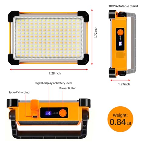 150W Solar Rechargeable Work Light, 180 LED 10000LM Portable Flood Light, IP65 Waterproof 3 Modes, with Stand, for Job Site Home Repair Camping Fishing Garage Workshop Emergency - color: Black