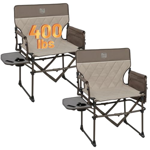 Timber Ridge 2 Pack Aluminum Camping Directors Chair with Side Table Pocket, Portable Folding Heavy Duty Lawn Chair for Fishing Trip Picnic Concert Outdoor 400lbs, Tan - color: Tan-2 Set