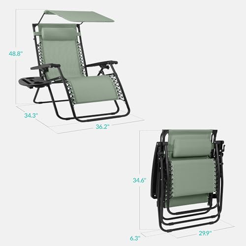 Best Choice Products 30” Wide Folding Zero Gravity Outdoor Recliner Patio Lounge Chair w/Adjustable Canopy Shade, Headrest, Side Accessory Tray - Sage Green - color: Sage Green, size: Oversized Extra Wide