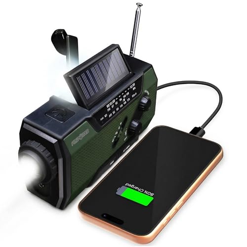 FosPower NOAA Emergency Weather Radio A1 7400mWh Portable Power Bank, AM/FM, USB/Solar/Hand Crank Charging, Battery Operated, SOS Alarm & Flashlight for Indoor/Outdoor Emergency - Green - color: 03 - Model A1 - Green
