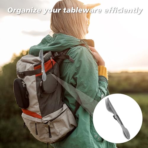 Reusable 4-in-2 Combo Camping Utensil Set, 4 Sets Spoon-Fork-Knife Travel Utensils, Portable Plastic Cutlery Backpacking Gear for Lunch Hiking Outdoor Survival (Green, Orange, Blue, Grey)