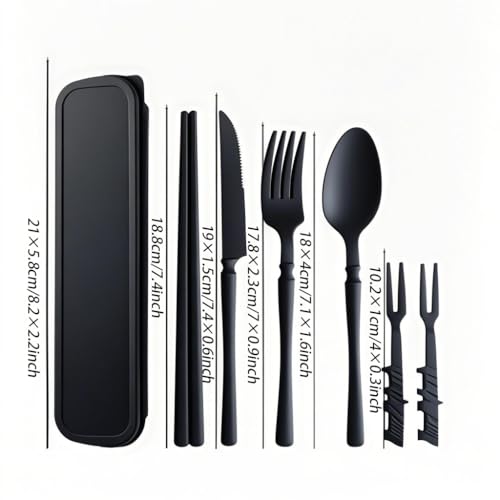 Travel Utensils with Case , Portable Travel Cutlery Set Chopsticks Knives Fork Spoon and Fruit Fork for Lunch Box , Reusable Camping Utensil Sets for Camping Daily Use or Outdoor (Black , Black) - color: Black，Black