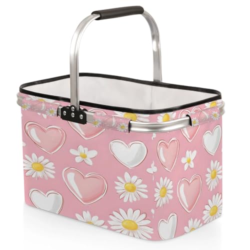 Heart and Daisy Picnic Basket Large Collapsible Market Baskets Portable Reuasble Shopping Bags with Handles for Camping Beach Travel - color: Silver