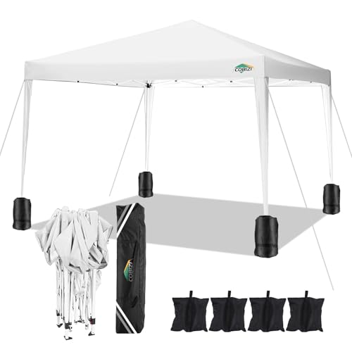 COBIZI 10x10 Pop Up Canopy Tent with 4 Sandbags, Easy Set Up Tent, Instant Outdoor Sun Shelter Canopy with 8 Stakes,4 Ropes&Carry Bag, Tents for Parties, Beach, Backyard,Camping(White) - color: White, size: 10x10FT without sidewall