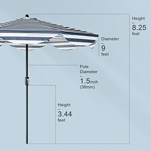 Tempera 9ft Scalloped Patio Umbrellas Outdoor Table Umbrellas with Fade Resistant Canopy, 8 Sturdy Rids, Elegant Vintage Umbrellas for Lawn, Pool, Deck, Balcony - color: Blue White Stripe, size: 9 FT