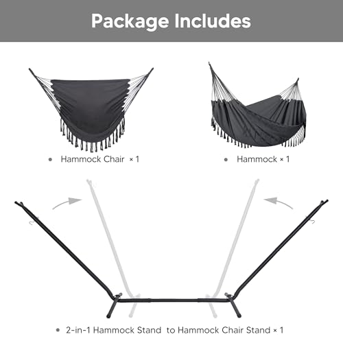 SUNCREAT 2-in-1 Hammocks Convertible Portable Double Hammock with Stand Included, Outdoor Hammock and Stand, Patented, Dark Grey with Tassel - color: A-dark Grey With Tassel