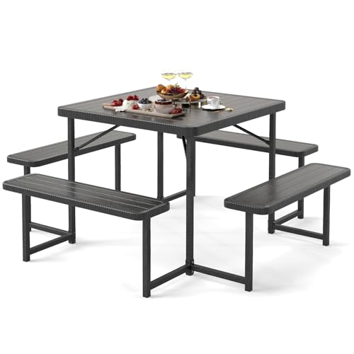 Giantex Picnic Table Bench Set for 4-8 People, 34" Outdoor Square Dining Table & 2 Benches w/Umbrella Hole, HDPE Tabletop, Metal Frame, Patio Camping Furniture for Backyard Porch Lawn (Black,Square) - color: Black, size: Square-34"x34"x30"