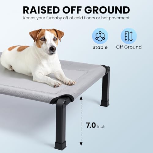 Heeyoo Elevated Dog Bed, Cooling Raised Pet Cot with Chew Proof Mesh Fabric and Steel Frame, Portable Dog Cot Bed with No-Slip Rubber Feet for Outdoor Indoor Use - color: Grey, size: 26"L x 17"W x 7"H
