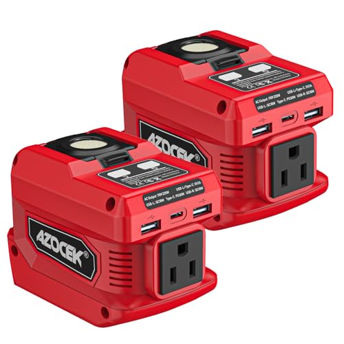 220W Azocek Power Inverter Compatible with Milwau-kee 18V Battery, DC 18V to AC 110V Portable Power Station with 1 AC Outlet, 2 USB Ports & 1 Type-C Fast Charging, 400LM LED Work Light (2-Pack) - color: Red, size: 2-PACK